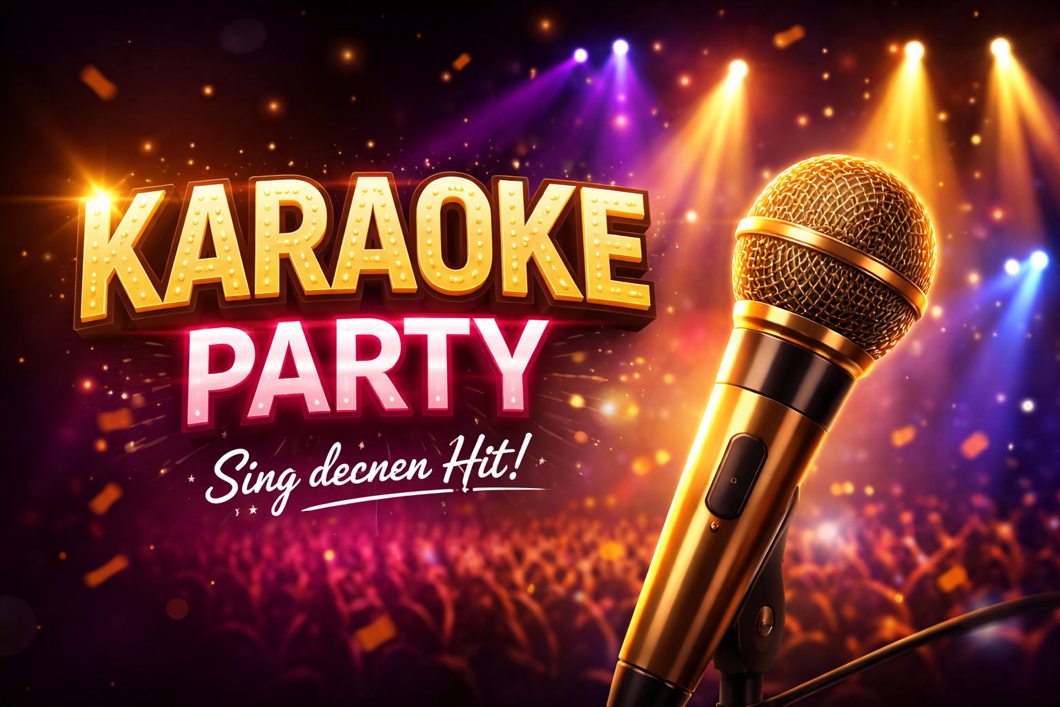 Karaoke-Party Poster mit goldenem Mikrofon und bunten Bühnenlichtern, Text ‚Karaoke Party – Sing deinen Hit!‘.